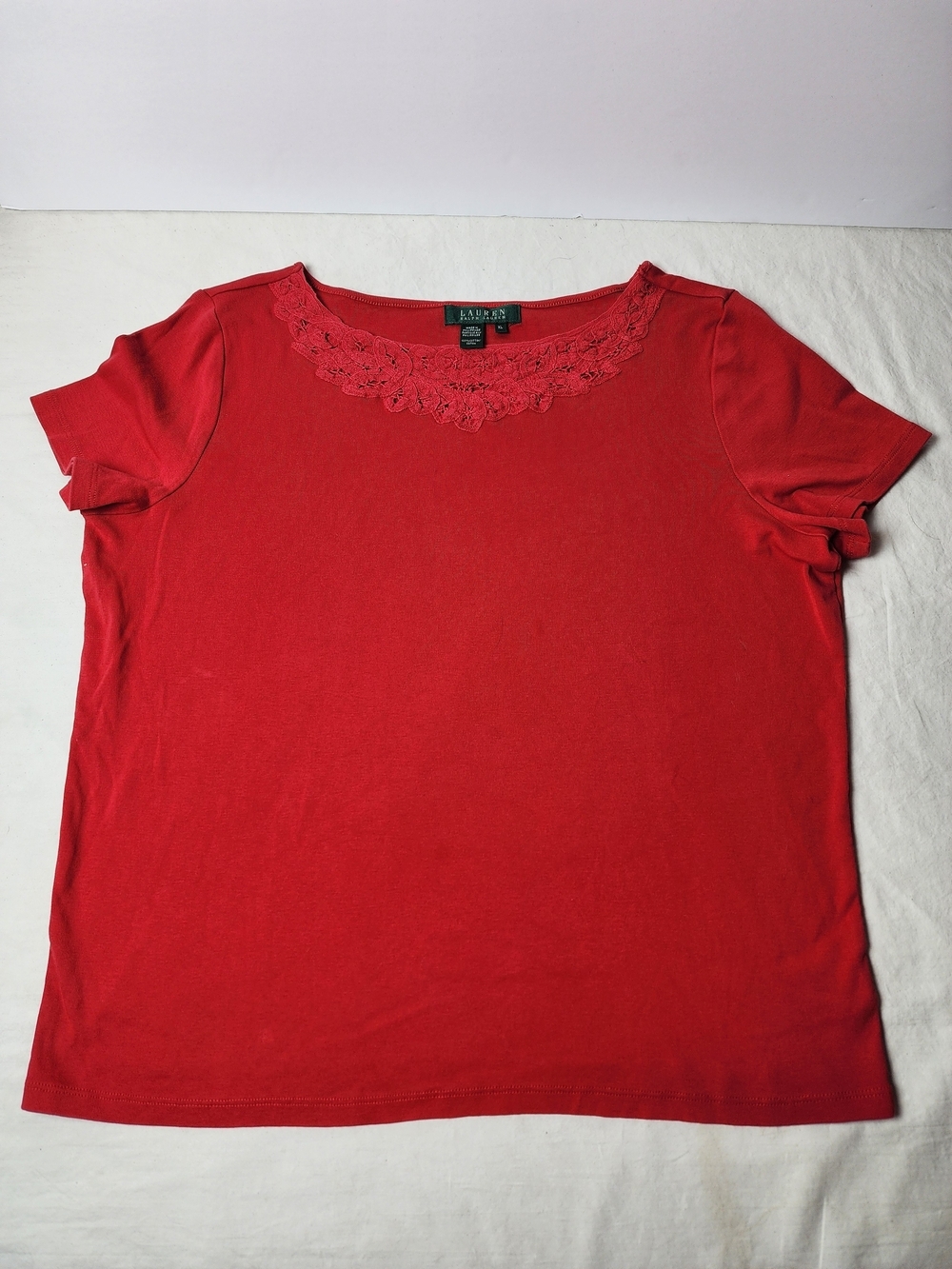 Lauren Ralph Lauren Red Short Sleeve Tee with Lace Neckline